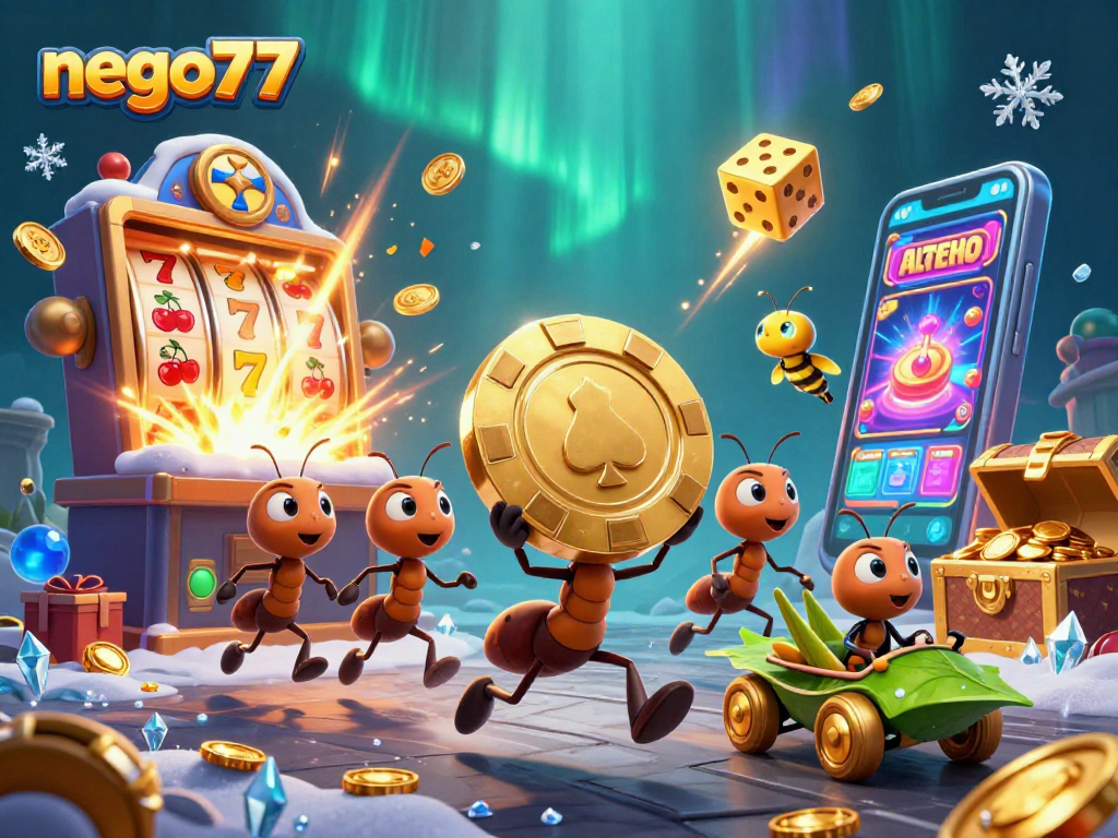 Watch the nego77 team of ants stealing a giant poker chip in this vibrant casino scene.