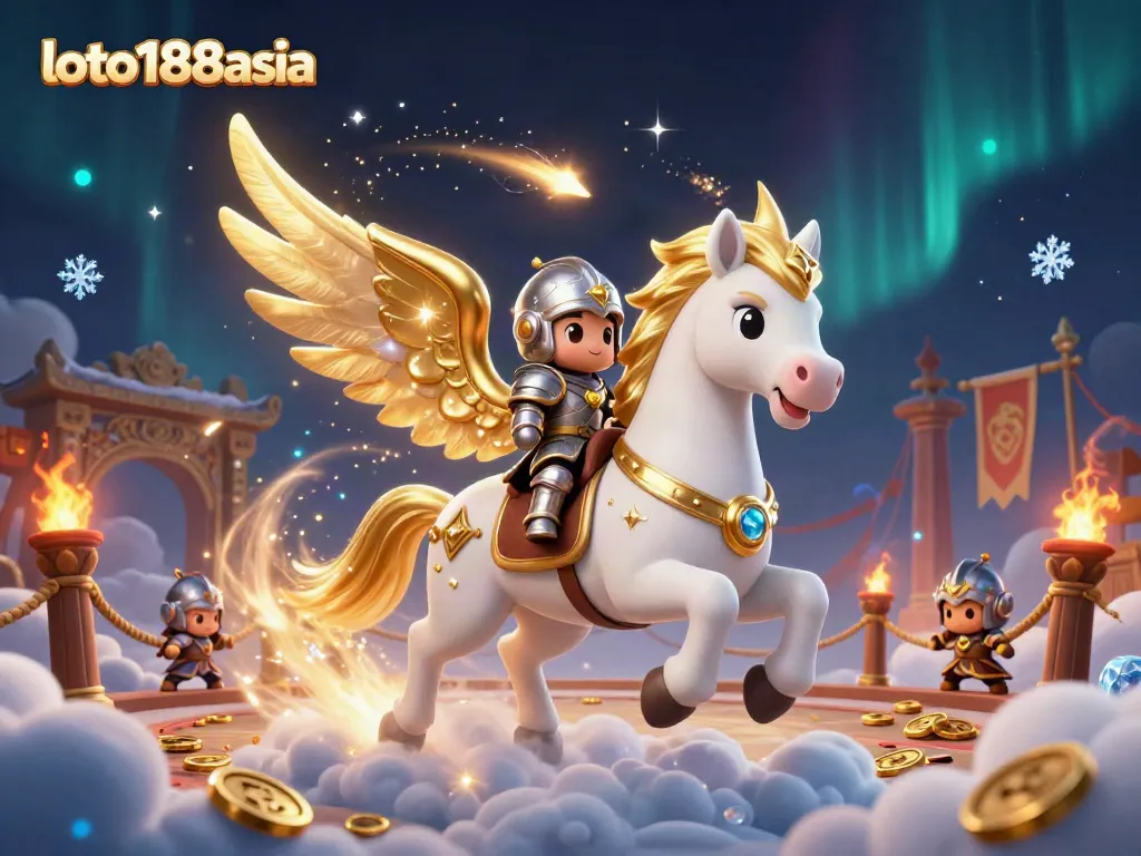 Engage in thrilling action with loto188asia's celestial knight galloping amid golden tokens and artifacts.
