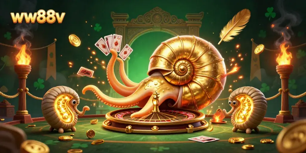 Experience thrilling gaming with the lively 3D characters of ww88v, showcasing a golden roulette wheel and glowing ammonites.