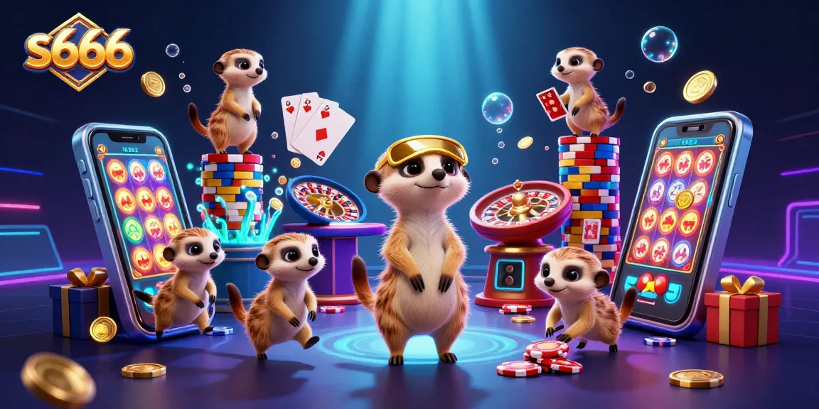 S666 casino scene with meerkats celebrating wins and running games, showcasing vibrant slot actions.