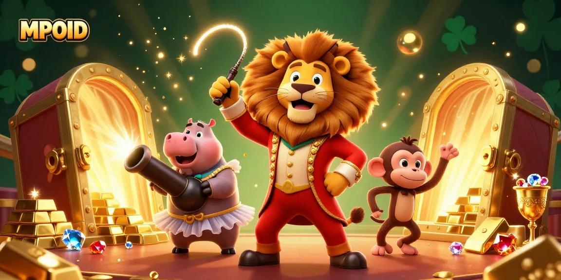 Experience excitement with MPOID, showcasing vibrant circus characters and casino treasures.