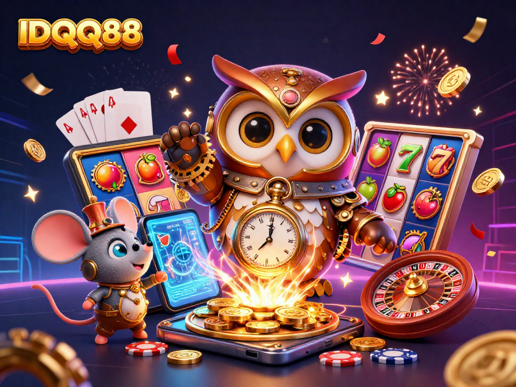 IDQQ88 captures winning moments in a vibrant 3D casino scene with steampunk characters.