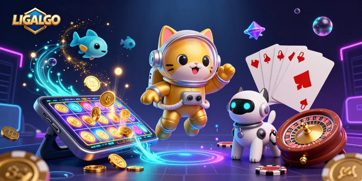 LIGALGO slot game experience with a 3D astronaut cat, robot dog, and vibrant casino elements.