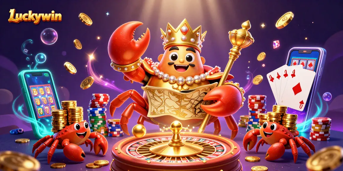 Experience Luckywin's vibrant casino adventure with a golden crab emperor, chips, and dynamic slot reels.