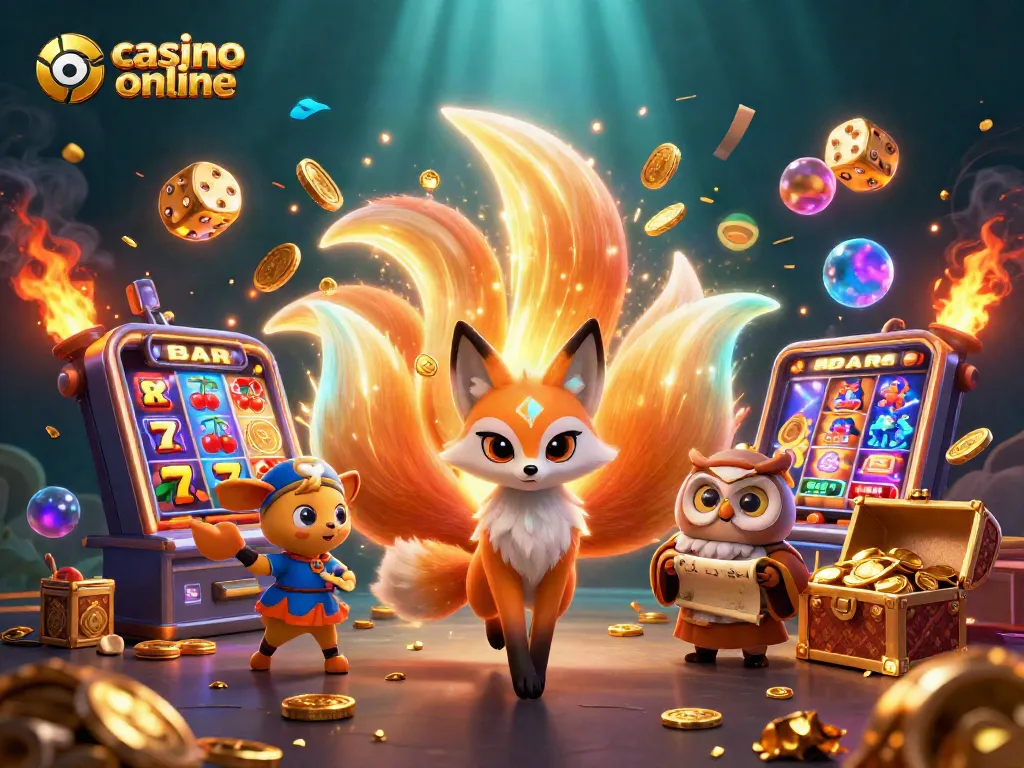 Scopri il mondo del casino online con un'illustrazione vibrante di un vulpino a nove code e un saggio gufo, circondati da slot e giochi di fortuna.