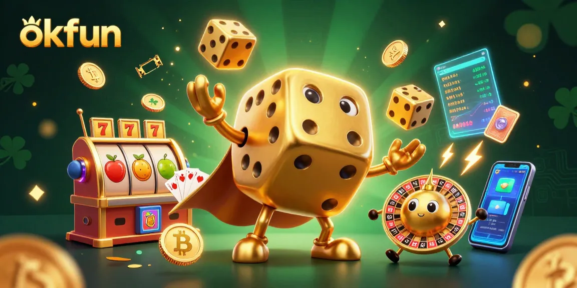 Play exciting slot games at okfun with 3D golden dice juggling and vibrant casino elements.