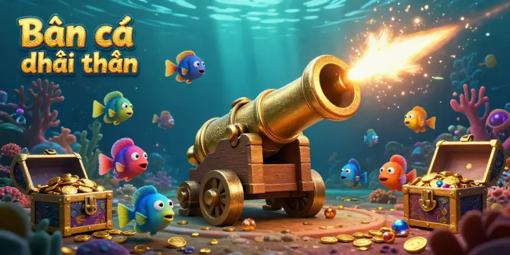 Experience the thrill of Bắn cá đổi thưởng in this vibrant underwater cannon action scene.