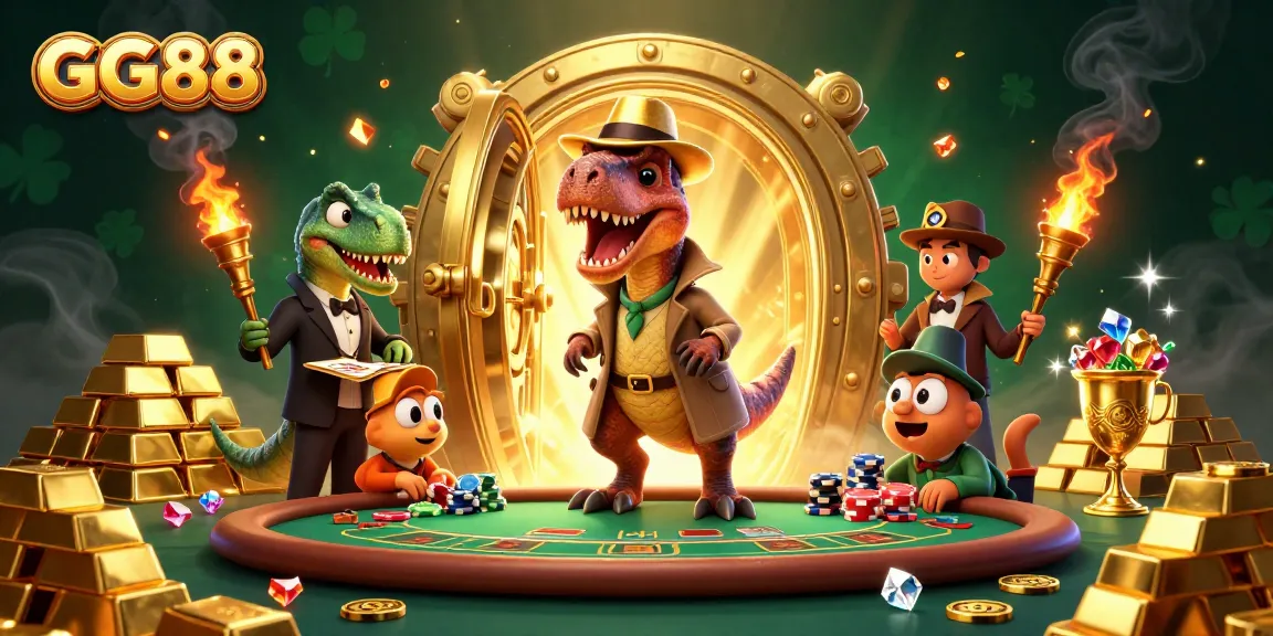 Experience thrilling gameplay with GG88 at a vibrant casino scene featuring dinosaurs and treasures.