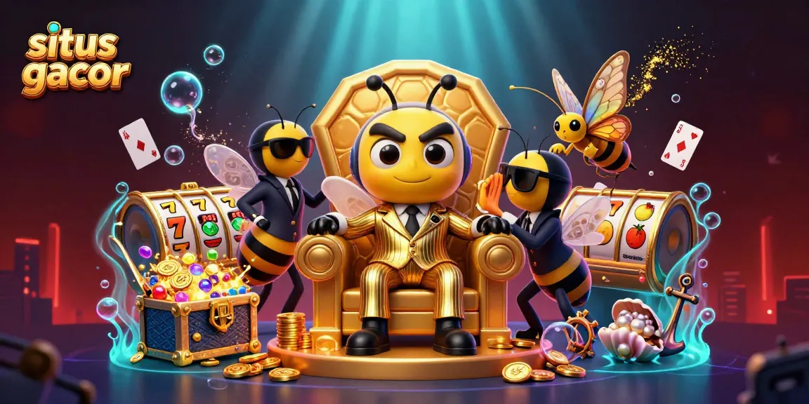 Engage with situs slot gacor, featuring a lively scene of animated casino characters amid jackpot symbols and treasure.