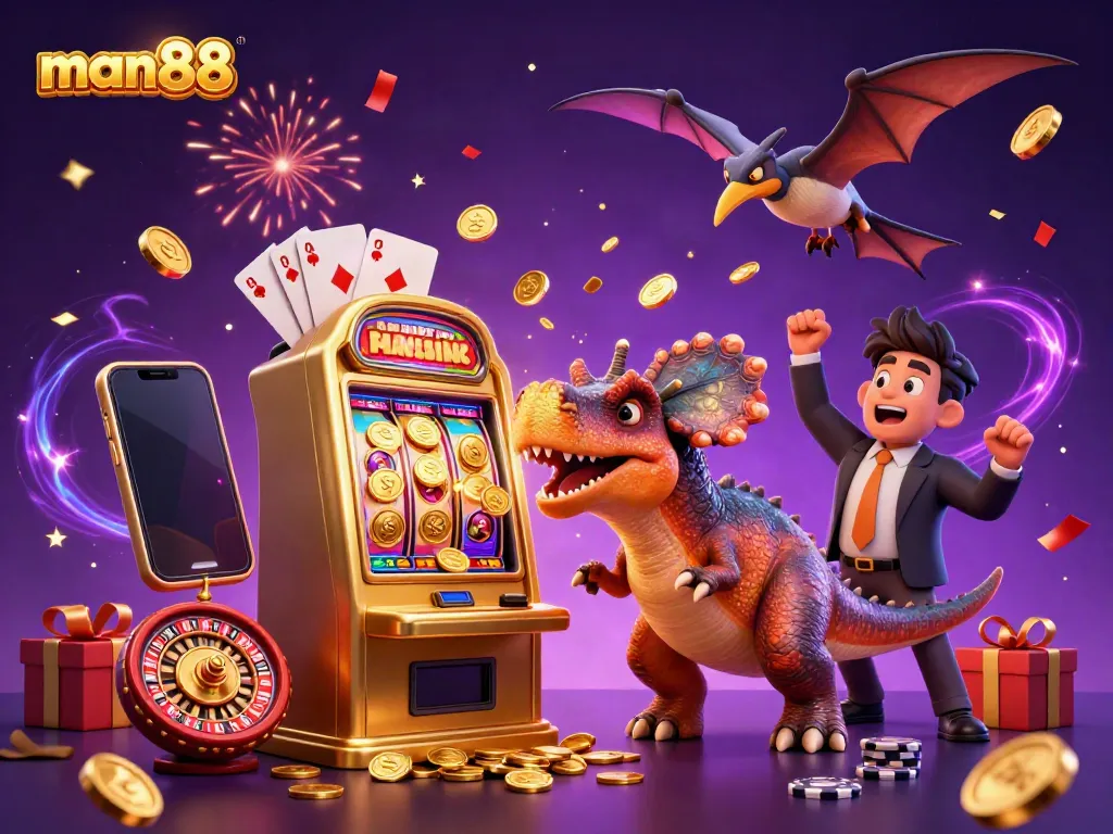 Experience jackpot excitement with man88 as the pachycephalosaurus wins at a golden slot machine.