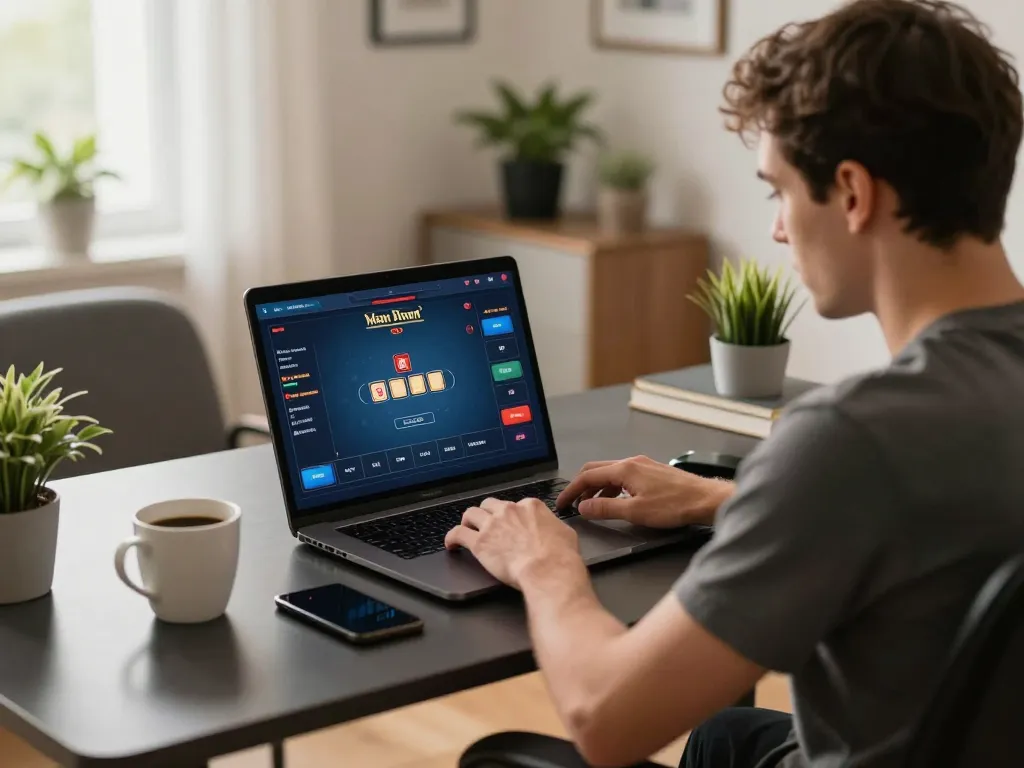 Player engaging in online poker strategy at home with hitclub interface displayed on laptop