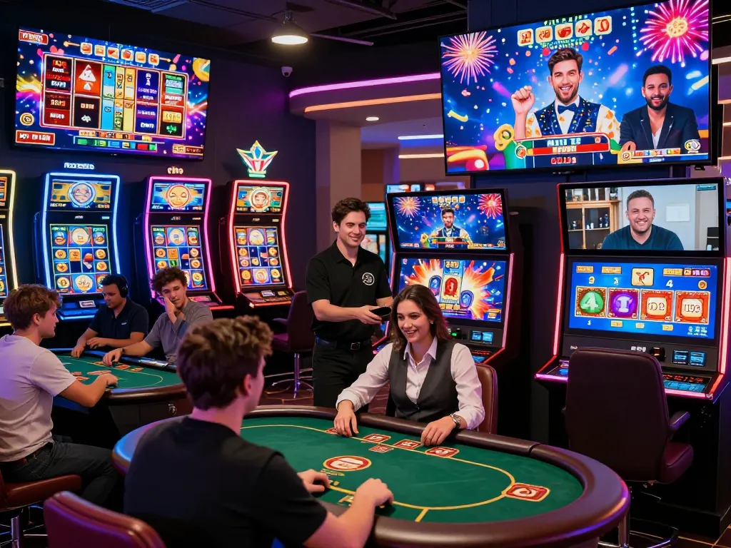 Exciting RR88 digital casino scene portraying players enjoying various games and lively interactions.