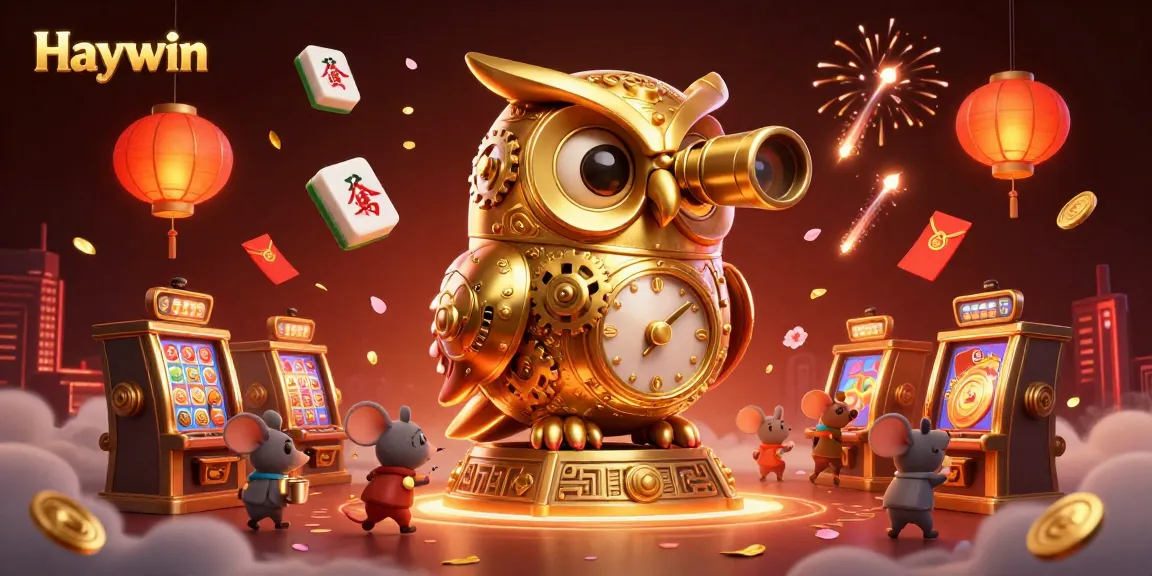 Haywin engages players with a vibrant casino scene featuring a golden owl and animated mouse patrons.