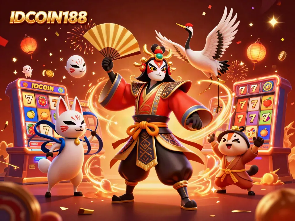 Engage with IDCOIN188's vibrant casino scene featuring a kabuki warrior and festive elements.