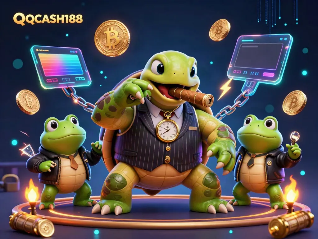 Experience QQCASH188 with a dynamic scene of a turtle in a suit, surrounded by crypto coins and casino lights.