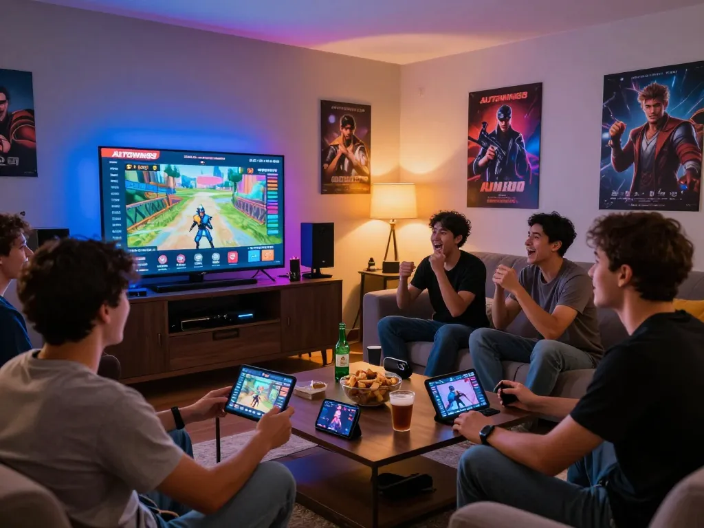 Exciting scene showcasing players enjoying AUTOWIN88 mobile games in a vibrant living room.