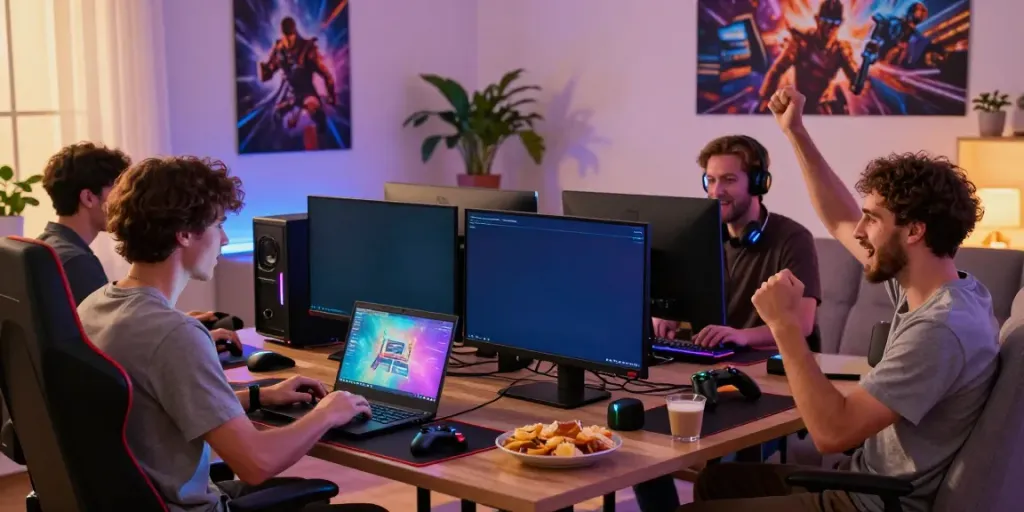 Men engaged in intense gaming activities at home, enjoying the manclub experience.