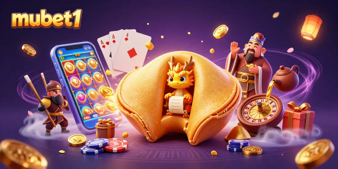 Experience the thrill of mubet1 casino with an illustrated scene of a golden fortune cookie and game elements.