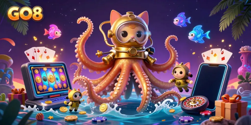 Experience an energetic scene with GO8, featuring a fantasy kraken, a diving cat, and vibrant gaming elements.