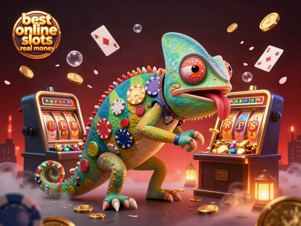 Engaging scene showcasing the best online slots real money with a vibrant chameleon casino owner amid dynamic game elements.
