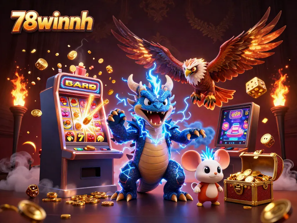 Engage with thrilling gaming excitement at 78winnh, featuring a vibrant 3D casino scene filled with dynamic elements.