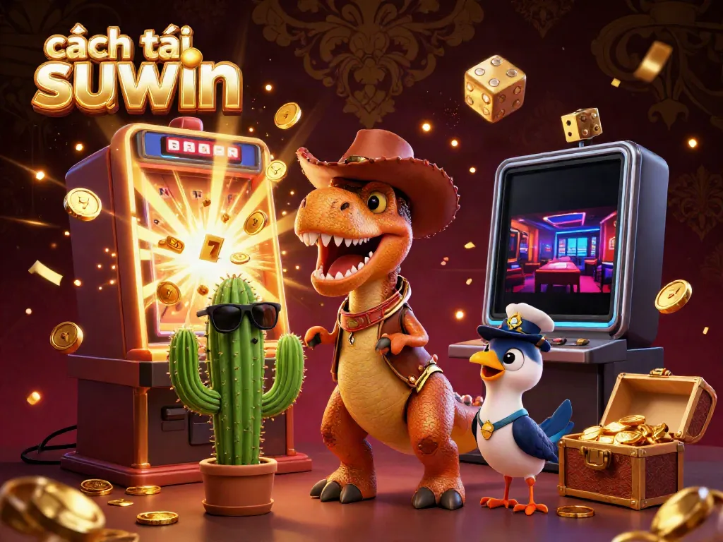 Experience the excitement of cách tải suwin with this vibrant 3D casino scene featuring a dynamic T-Rex and casino elements.