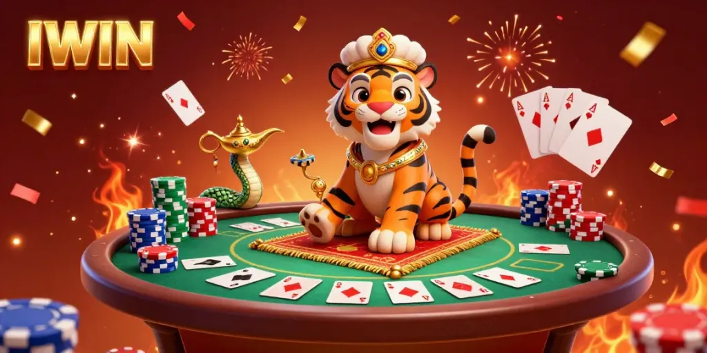 IWIN brings excitement with an Arabian-themed tiger sultan on a magical poker carpet amidst vibrant casino elements.