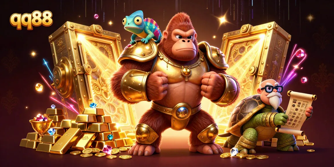 Engage in thrilling gaming action with qq88's vibrant 3D casino scene full of treasures and characters.