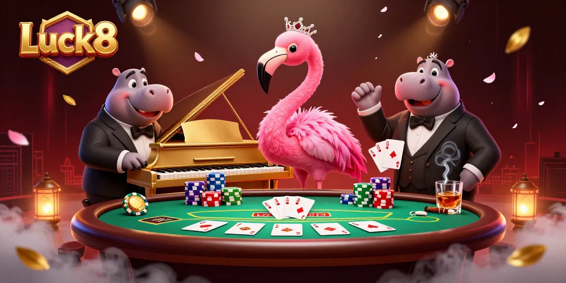 Experience the vibrant casino world at Luck8 with a flamingo singer and hippo bassist performing dynamic poker.