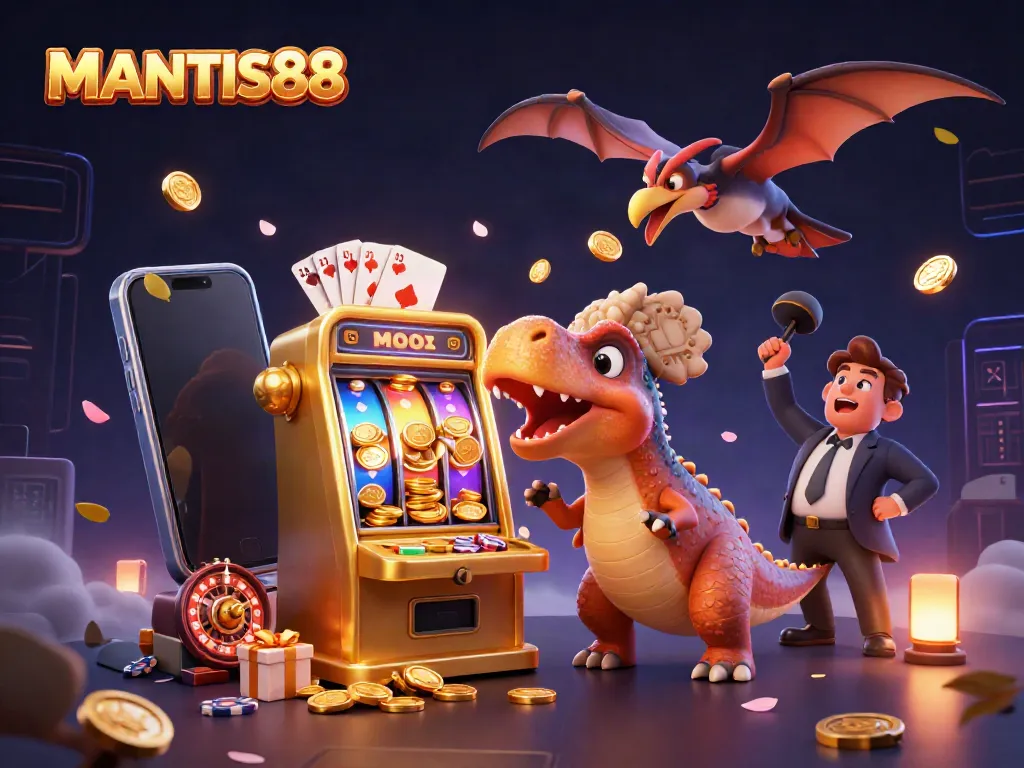 MANTIS88 features a dynamic 3D scene of cartoon dinosaurs and a slot machine, illustrating big wins and excitement in online gambling.