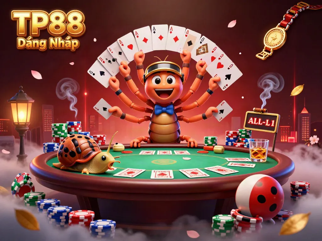 Engage with TP88 Đăng Nhập, featuring a vibrant 3D casino scene filled with colorful cards and poker chips.