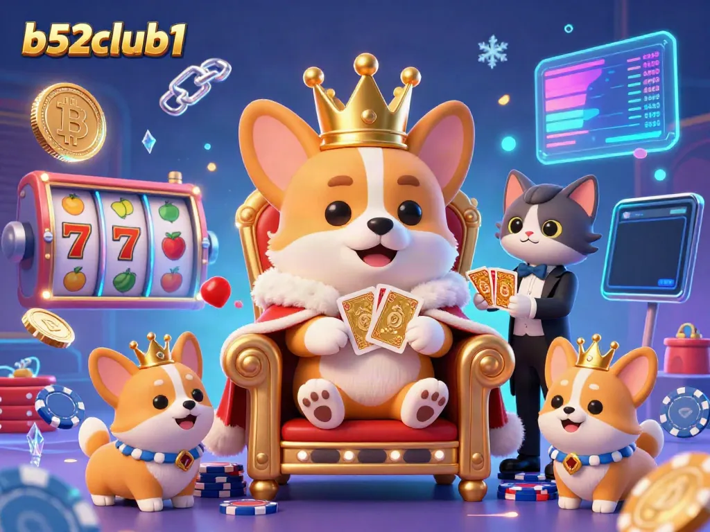 Experience thrilling gameplay with b52club1's vibrant casino illustration featuring royal corgis!