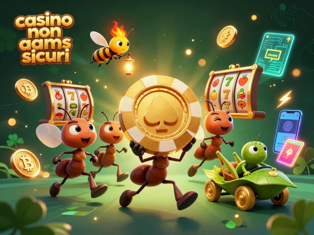 Rappresentazione vivace di un team di formiche che scappa con un chip da poker gigante nei casino non AAMS sicuri.