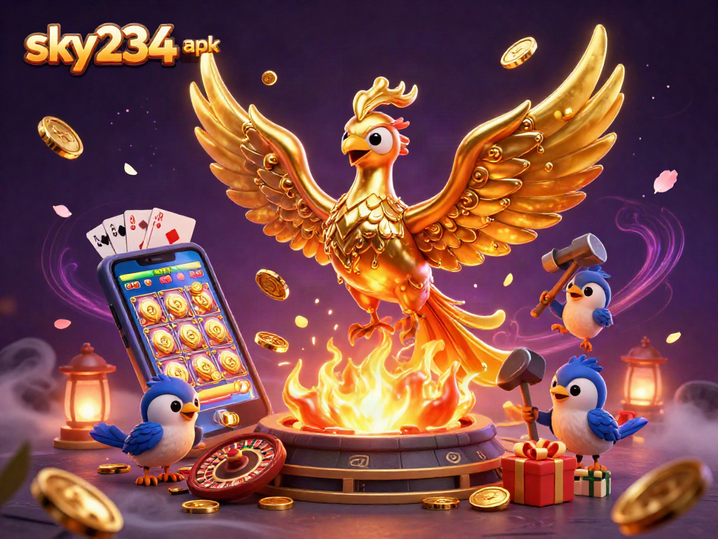 Experience the thrill of winning with sky234 apk showcasing a golden phoenix and dynamic casino elements.