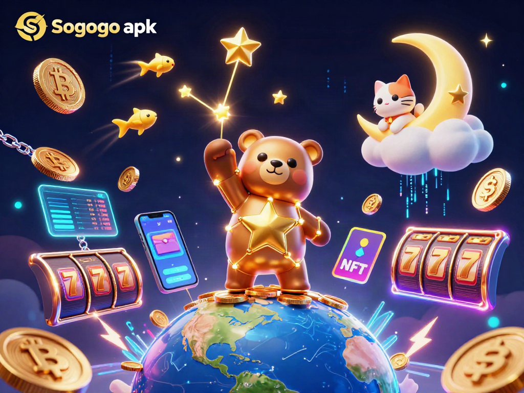 Engage with Sogogo apk's exciting features in this vibrant 3D casino scene full of gold coins and slot reels.