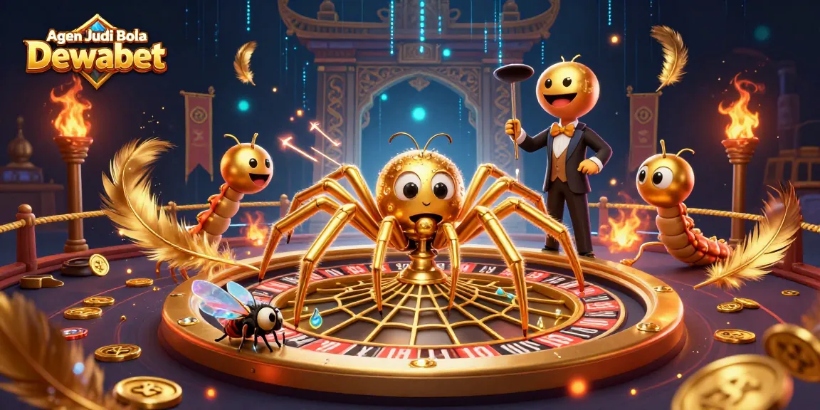 Agen Judi Bola Dewabet showcases a thrilling betting scene with a fly nervously placing bets and a centipede croupier.