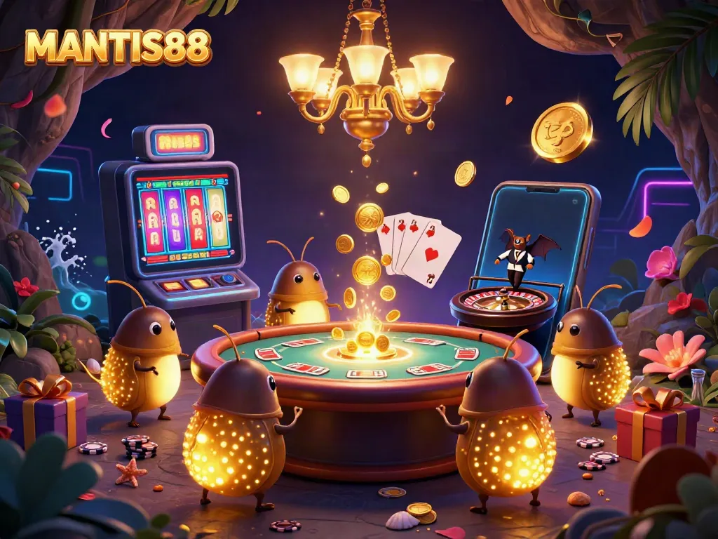 MANTIS88 presents a vibrant casino scene with glowworms, showcasing engaging slot games and prizes.