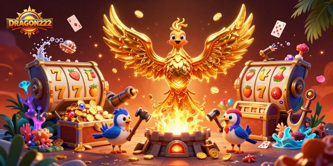 Experience the thrill with DRAGON222, a golden phoenix delivering wealth and excitement in a vibrant casino setting.