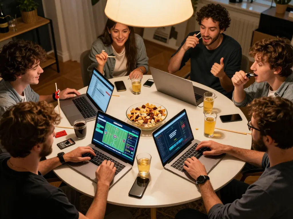 Amici che si godono una vivace serata di scommesse sportive utilizzando un bookmaker non AAMS su smartphone e laptop.
