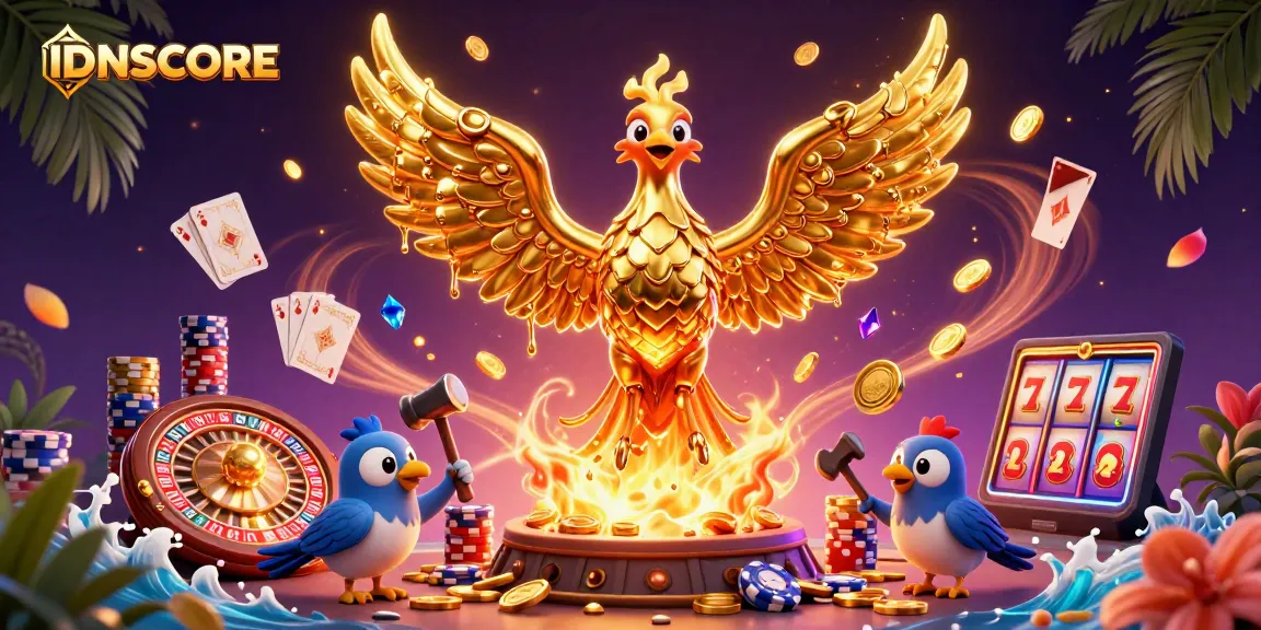 IDNSCORE players winning big with golden phoenix, coins, and vibrant casino elements