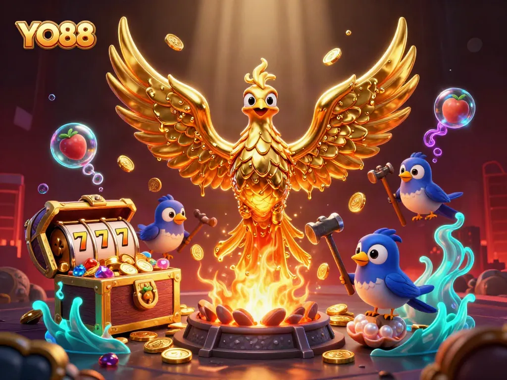Experience thrilling gameplay at YO88 with gold-dripping phoenix and vibrant casino elements.