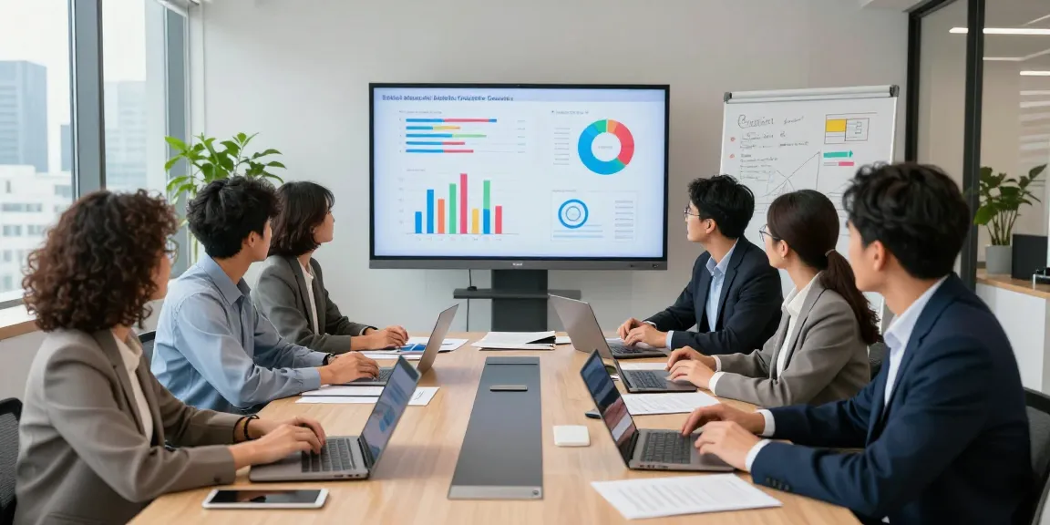 Business professionals evaluating business mobile contracts UK in a collaborative office environment with charts and laptops.