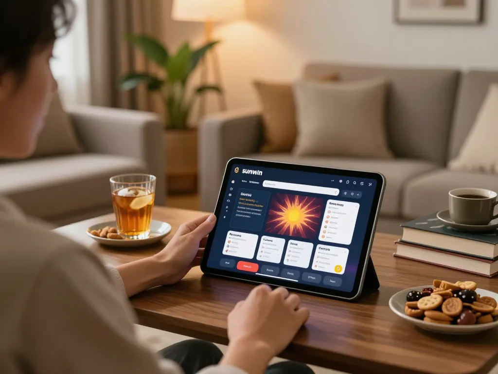 Engaging in gameplay on the sunwin casino app with a cozy home ambiance and refreshments