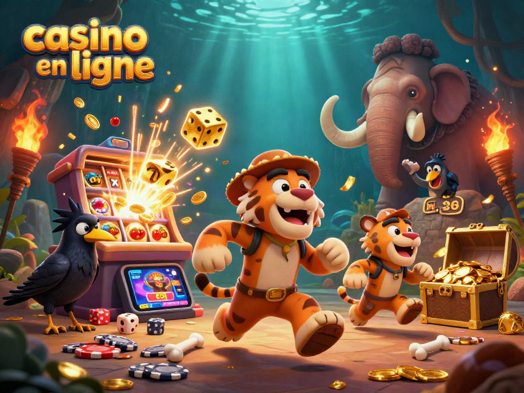 Jouez à des jeux de casino en ligne avec des personnages préhistoriques à travers une illustration colorée.