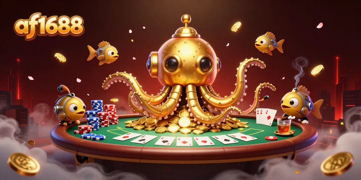 Engage in thrilling gameplay at af1688 with an epic 3D casino illustration featuring cards, chips, and unique characters.