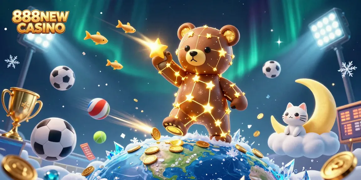 Engage with vibrant gaming scenes at 888NEW CASINO featuring playful characters and action-packed sports elements.