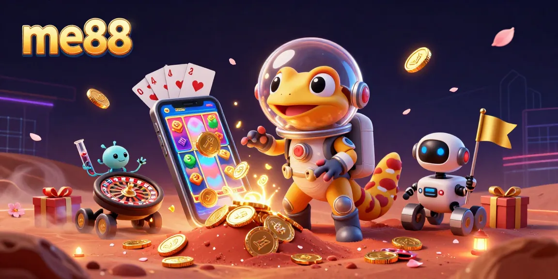 me88 Martian gecko explores a buried golden casino amidst vibrant casino elements and cheerful alien bacteria.
