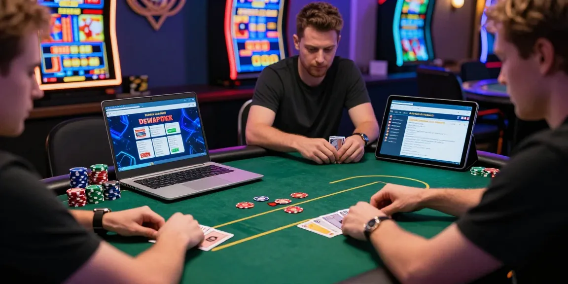 Engaged players at DewaPoker online, showcasing a vibrant poker gaming atmosphere with chips and cards during an exciting game.