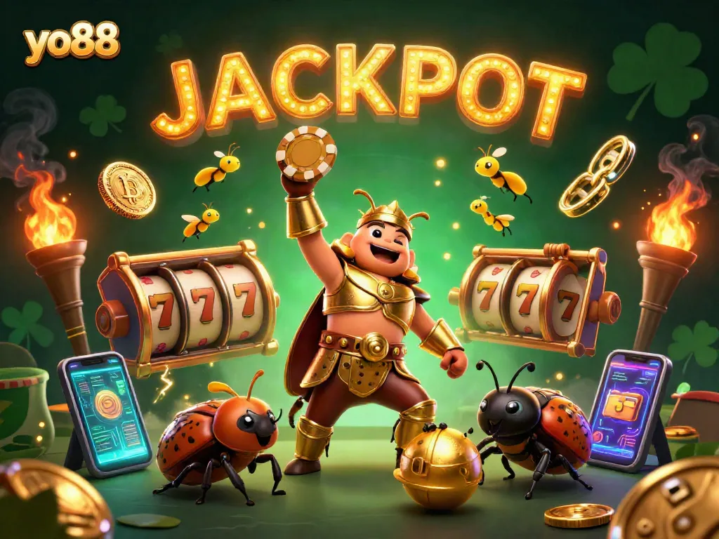 Experience thrilling gameplay at yo88 as a hercules beetle celebrates a jackpot victory amidst slots and crypto elements.