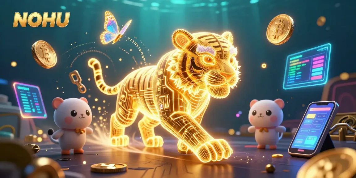 Engage with NOHU's vibrant casino scene featuring a neon-wireframe tiger and cryptographic elements.